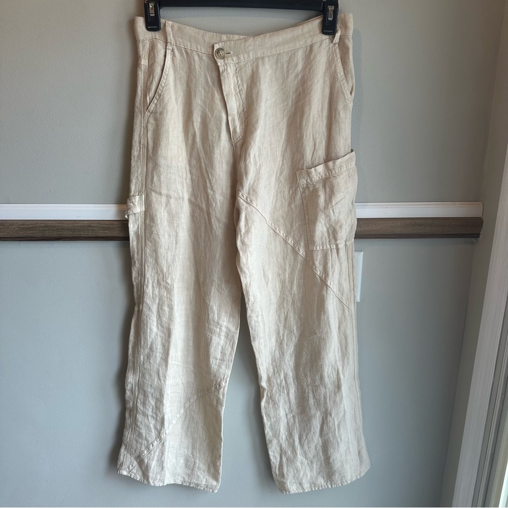 ZARA Alana 100% Linen Cargo Beige Wide-Leg Ankle Pants